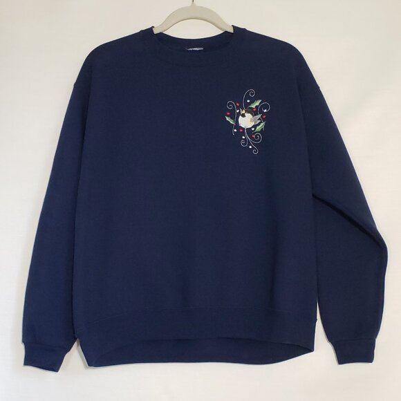Vintage Navy Embroidered Bird Christmas Holiday Grandmcore Crewneck Sweatshirt - Picture 2 of 4